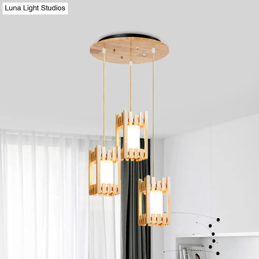 Wooden Asian Pendant Lamp With 3 Beige Fabric Shades Wood