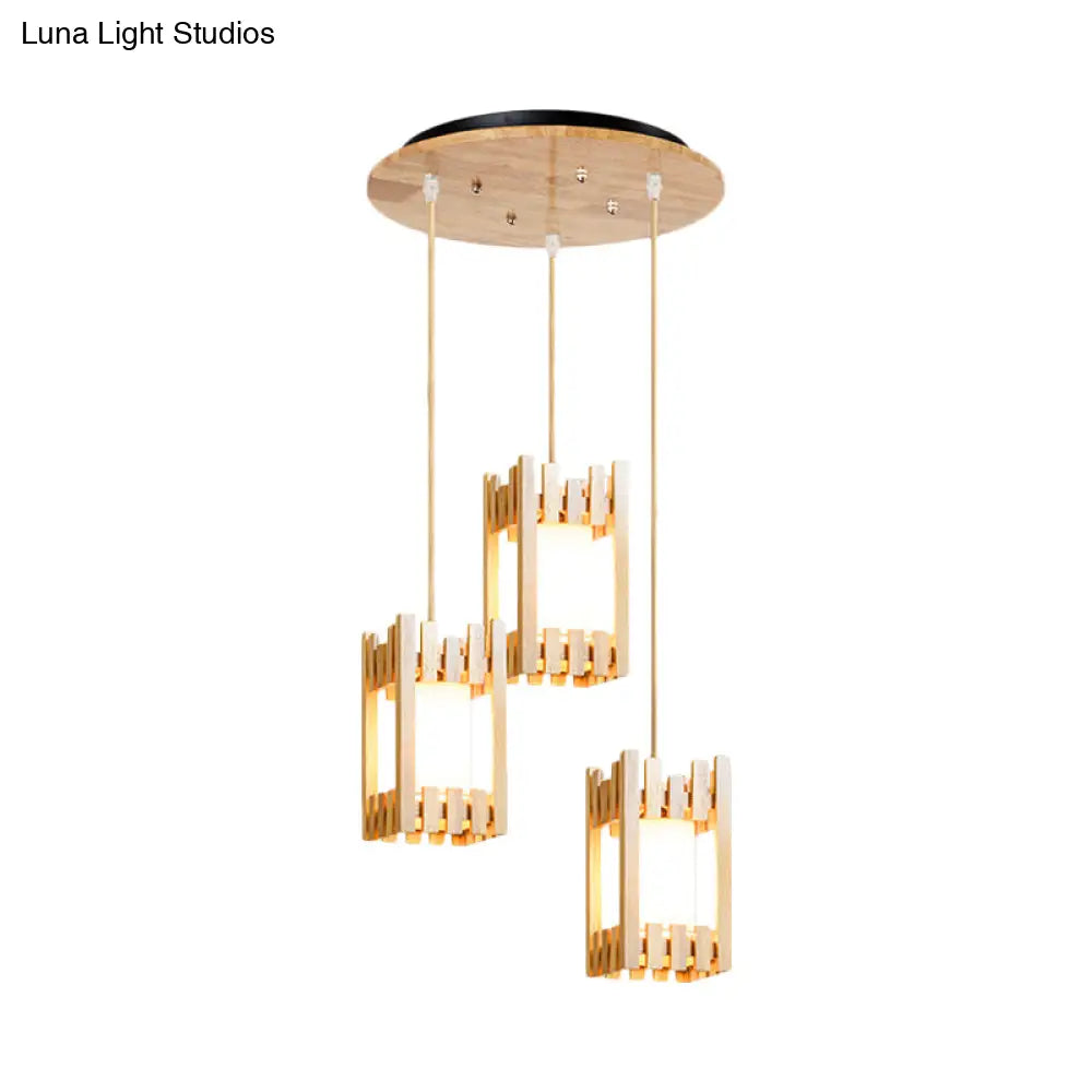Wooden Cluster Arbor Pendant Asian Ceiling Lamp With Fabric Lampshade - 3 Bulbs Beige Suspension