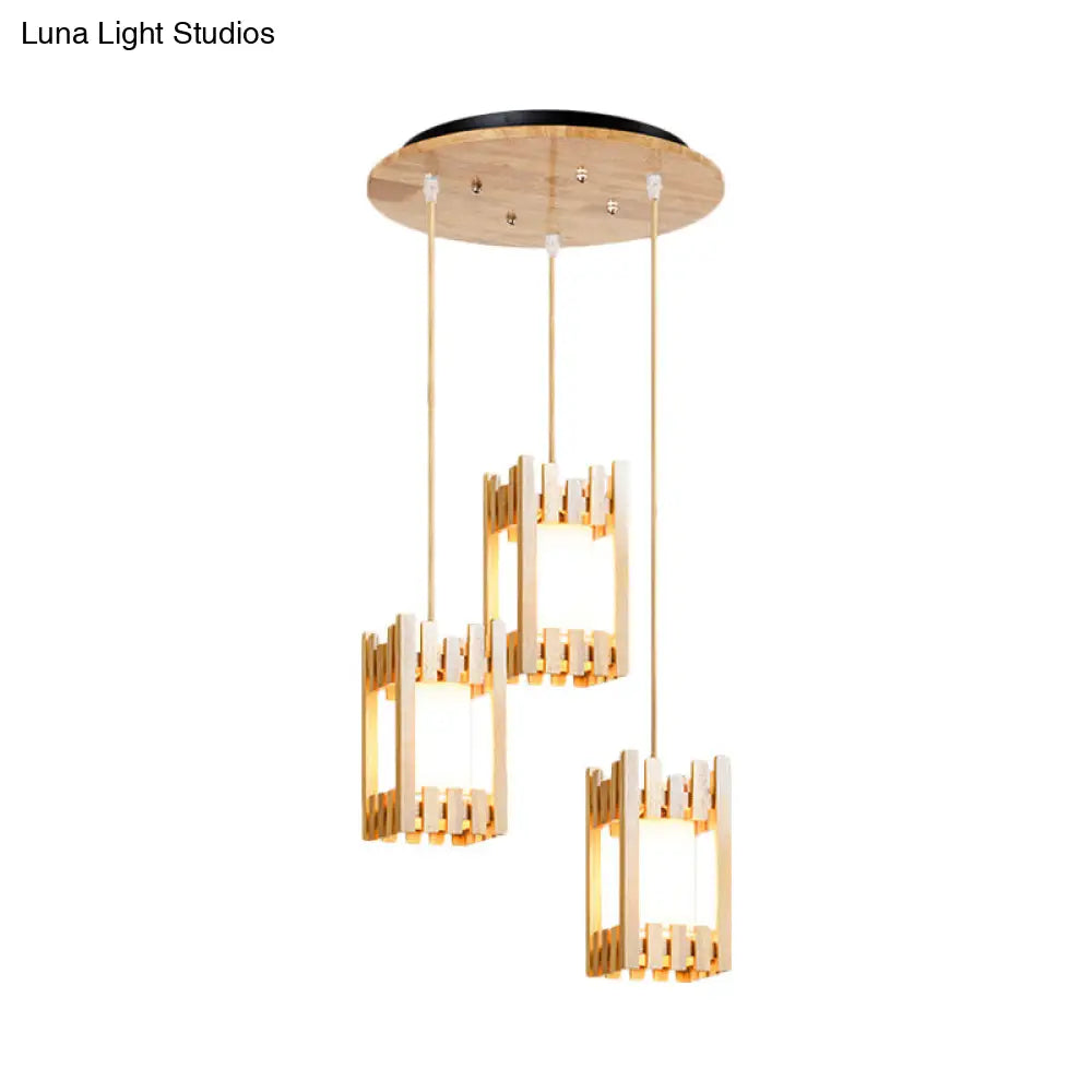 Wooden Asian Pendant Lamp With 3 Beige Fabric Shades