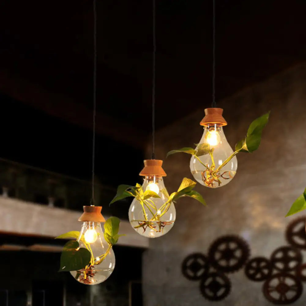 Wooden Cluster Pendant Light With Vintage Bulb Shape And Clear Glass Shades Wood / Linear