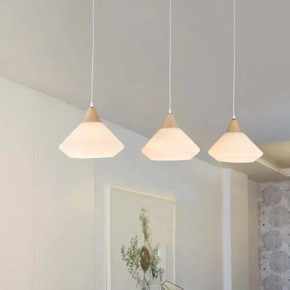 Wooden Cone Pendant Light With 3 Cream Glass Bulbs For Multiple Hanging - Simplistic Ceiling