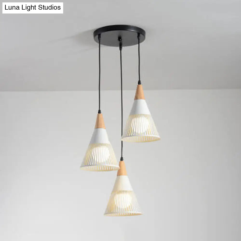 Wood Finish Pendant Light With Hollow Metal Cone Shade - Modern Hanging Lamp For Restaurants White /