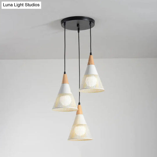 Wood Finish Pendant Light With Hollow Metal Cone Shade - Modern Hanging Lamp For Restaurants White /