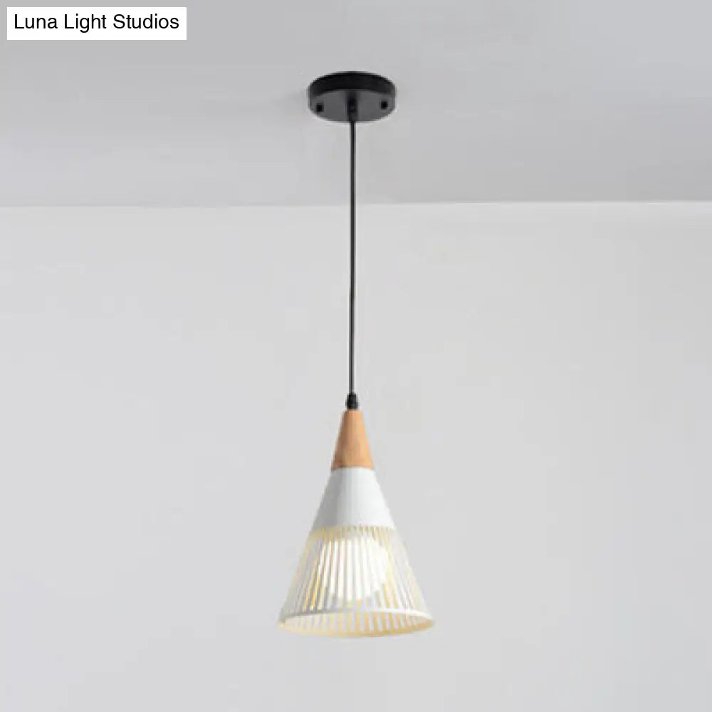 Wood Finish Pendant Light With Hollow Metal Cone Shade - Modern Hanging Lamp For Restaurants White /