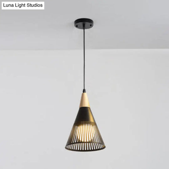 Wood Finish Pendant Light With Hollow Metal Cone Shade - Modern Hanging Lamp For Restaurants Black /