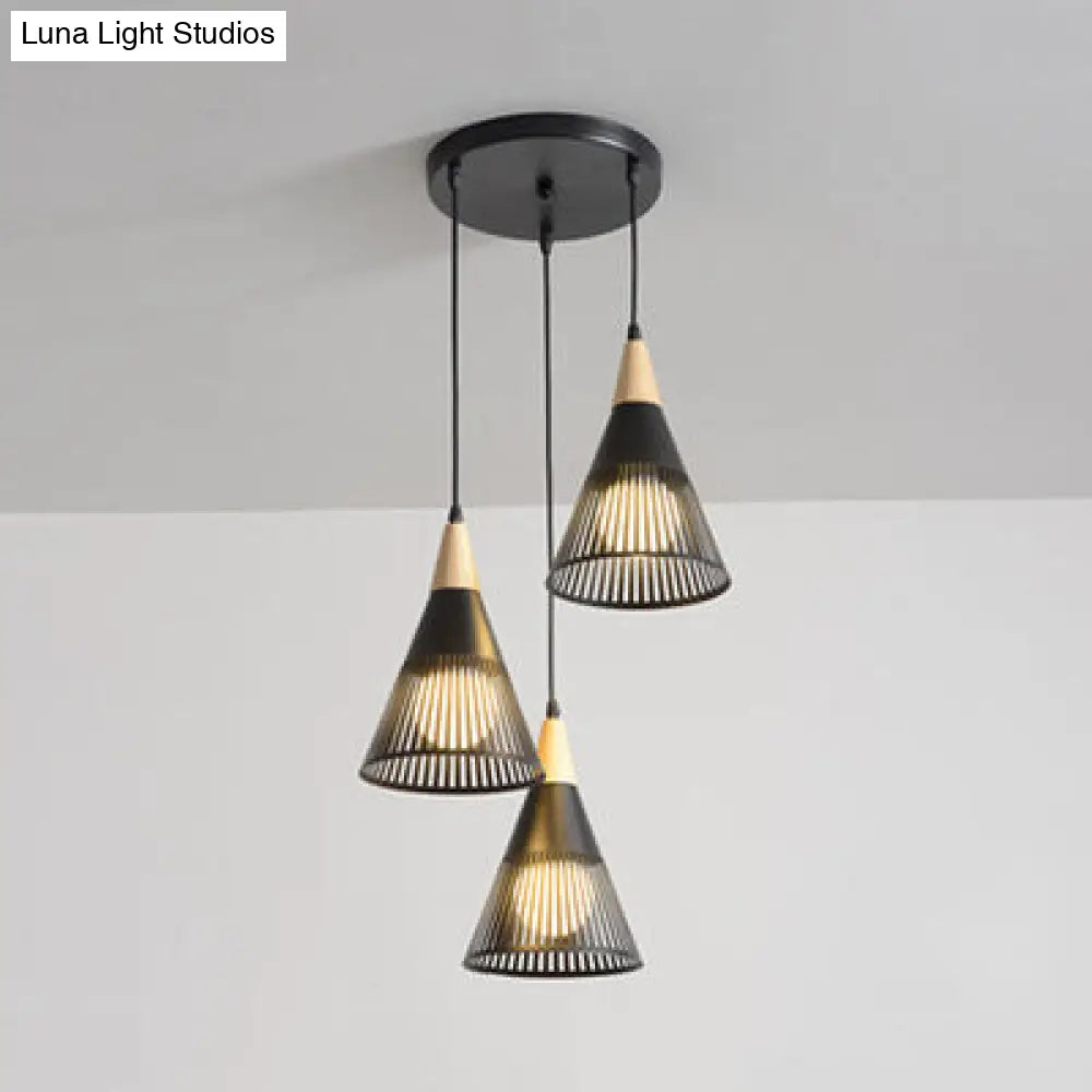 Wood Finish Pendant Light With Hollow Metal Cone Shade - Modern Hanging Lamp For Restaurants Black /