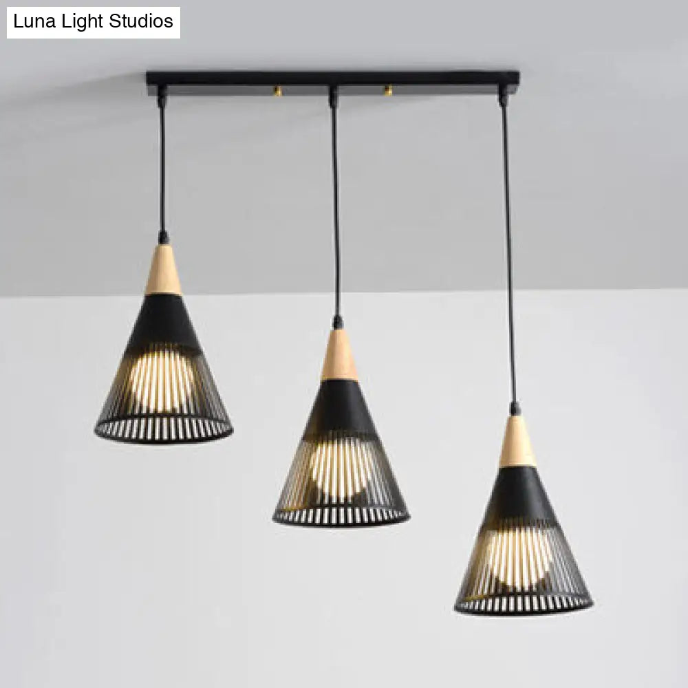 Wood Finish Pendant Light With Hollow Metal Cone Shade - Modern Hanging Lamp For Restaurants Black /