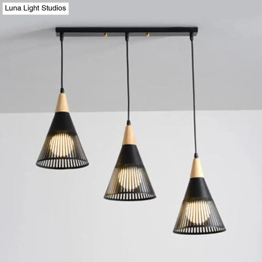 Wood Finish Pendant Light With Hollow Metal Cone Shade - Modern Hanging Lamp For Restaurants Black /