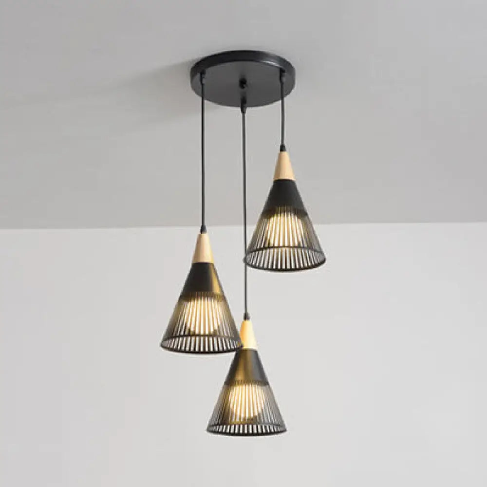 Wooden Cone Pendant Light With Modern Hollow Design - Perfect For Restaurant Decor Black / Round