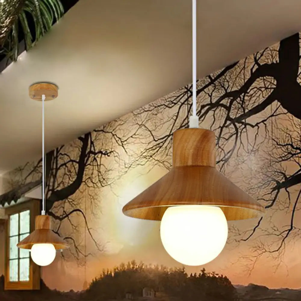 Wooden Cone Shaped Nordic Ceiling Light - Beige-White | Restaurant Hanging Lamp With 1 Head Wood