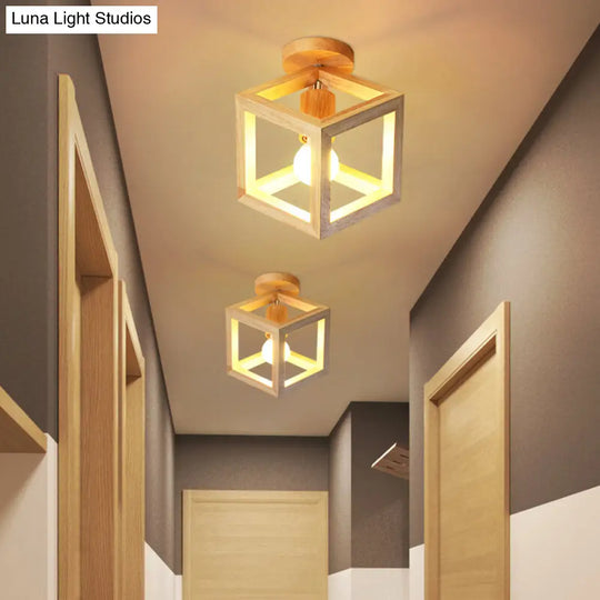 Wooden Cube Cage Semi Flush Nordic Ceiling Light - Beige 1-Bulb Fixture For Corridor
