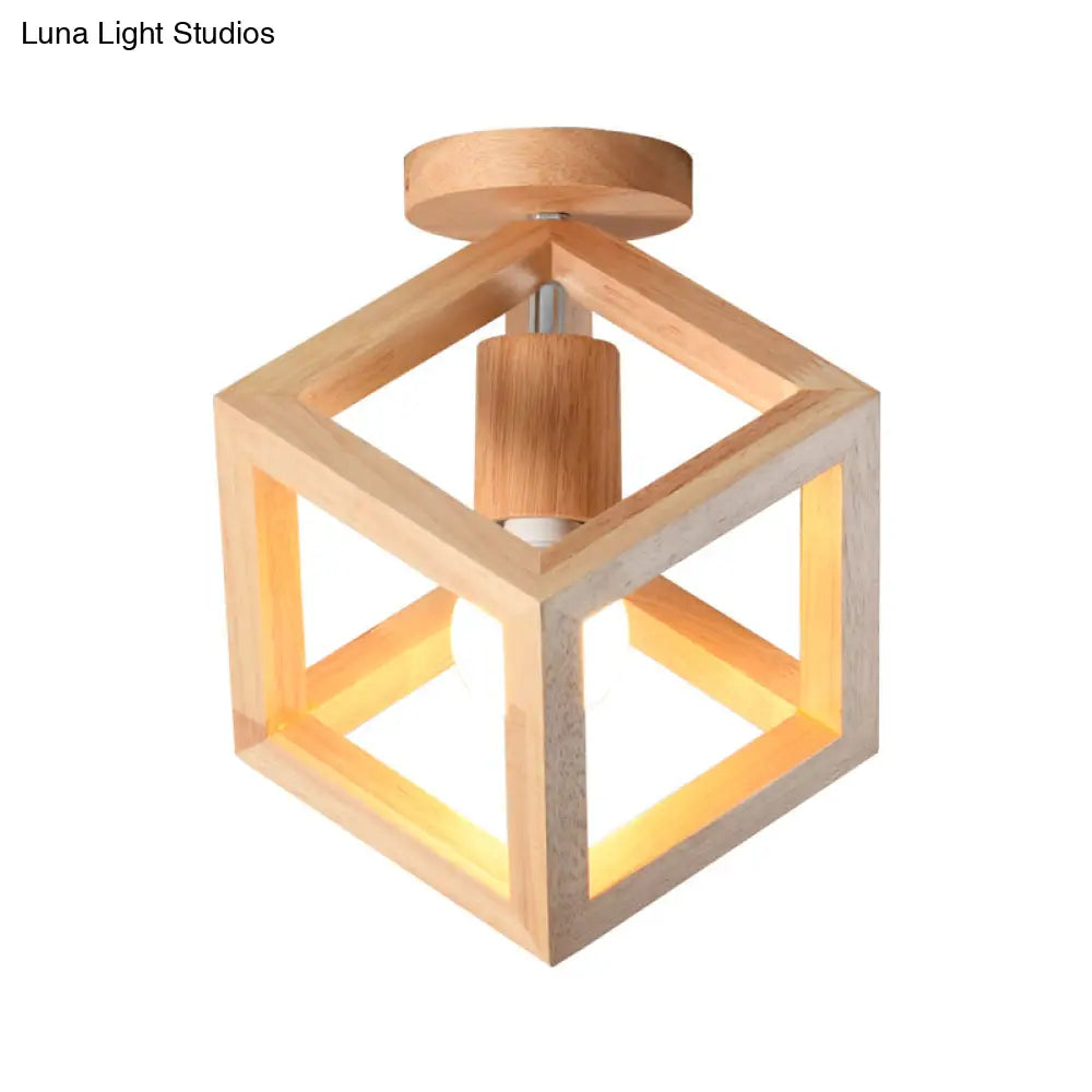Wooden Cube Cage Semi Flush Nordic Ceiling Light - Beige 1 - Bulb Fixture For Corridor