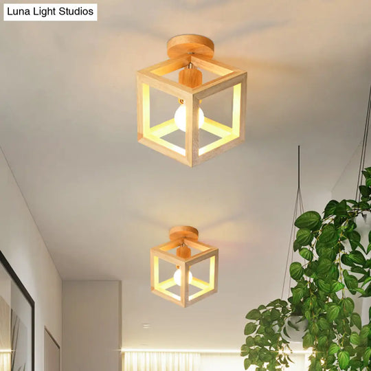 Wooden Cube Cage Semi Flush Nordic Ceiling Light - Beige 1-Bulb Fixture For Corridor