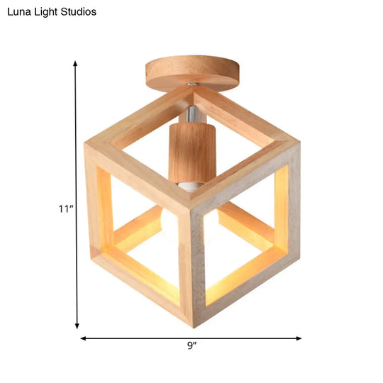 Wooden Cube Cage Semi Flush Nordic Ceiling Light - Beige 1-Bulb Fixture For Corridor