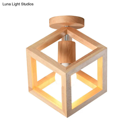 Wooden Cube Cage Semi Flush Nordic Ceiling Light - Beige 1-Bulb Fixture For Corridor