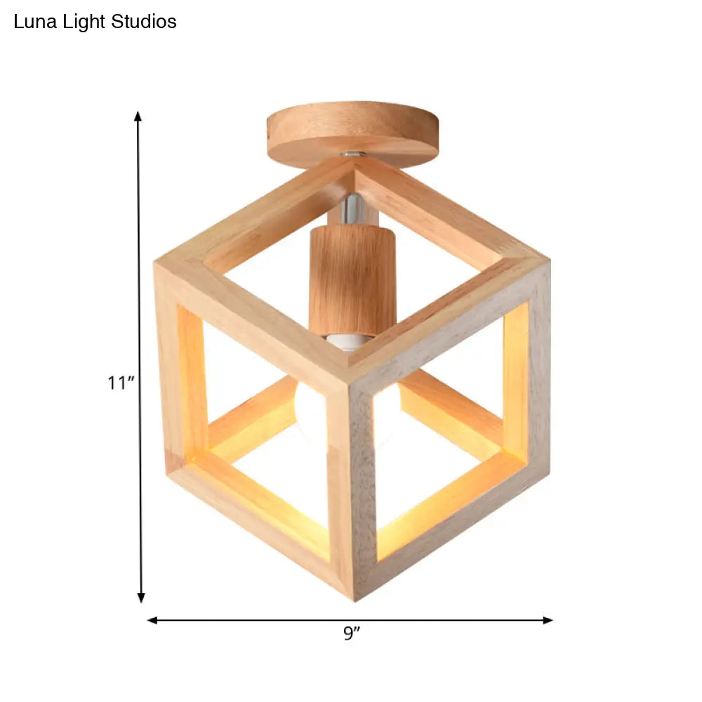 Wooden Cube Cage Semi Flush Nordic Ceiling Light - Beige 1 - Bulb Fixture For Corridor