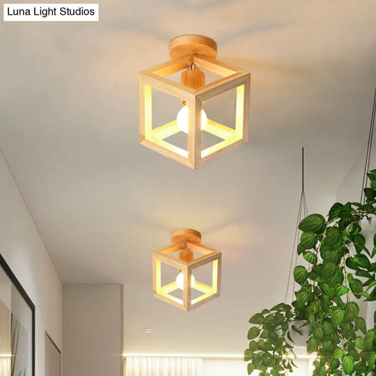 Wooden Cube Cage Semi Flush Nordic Ceiling Light - Beige 1 - Bulb Fixture For Corridor