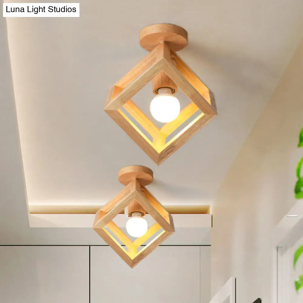 Wooden Cube Cage Semi Flush Nordic Ceiling Light - Beige 1-Bulb Fixture For Corridor Wood