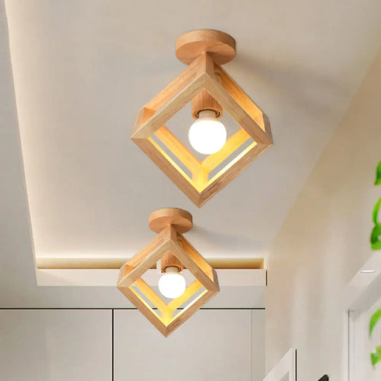 Wooden Cube Cage Semi Flush Nordic Ceiling Light - Beige 1 - Bulb Fixture For Corridor Wood