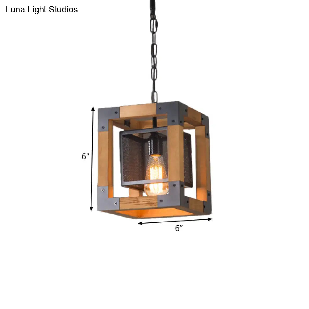 Cube Frame Wooden Pendant Lamp For Industrial Restaurant With 1 Light Hanging Fixture