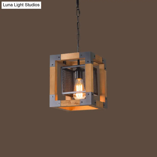 Cube Frame Wooden Pendant Lamp For Industrial Restaurant With 1 Light Hanging Fixture