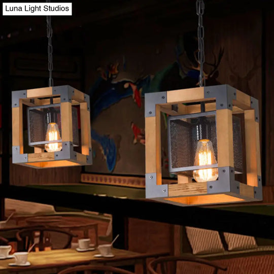 Cube Frame Wooden Pendant Lamp For Industrial Restaurant With 1 Light Hanging Fixture Wood