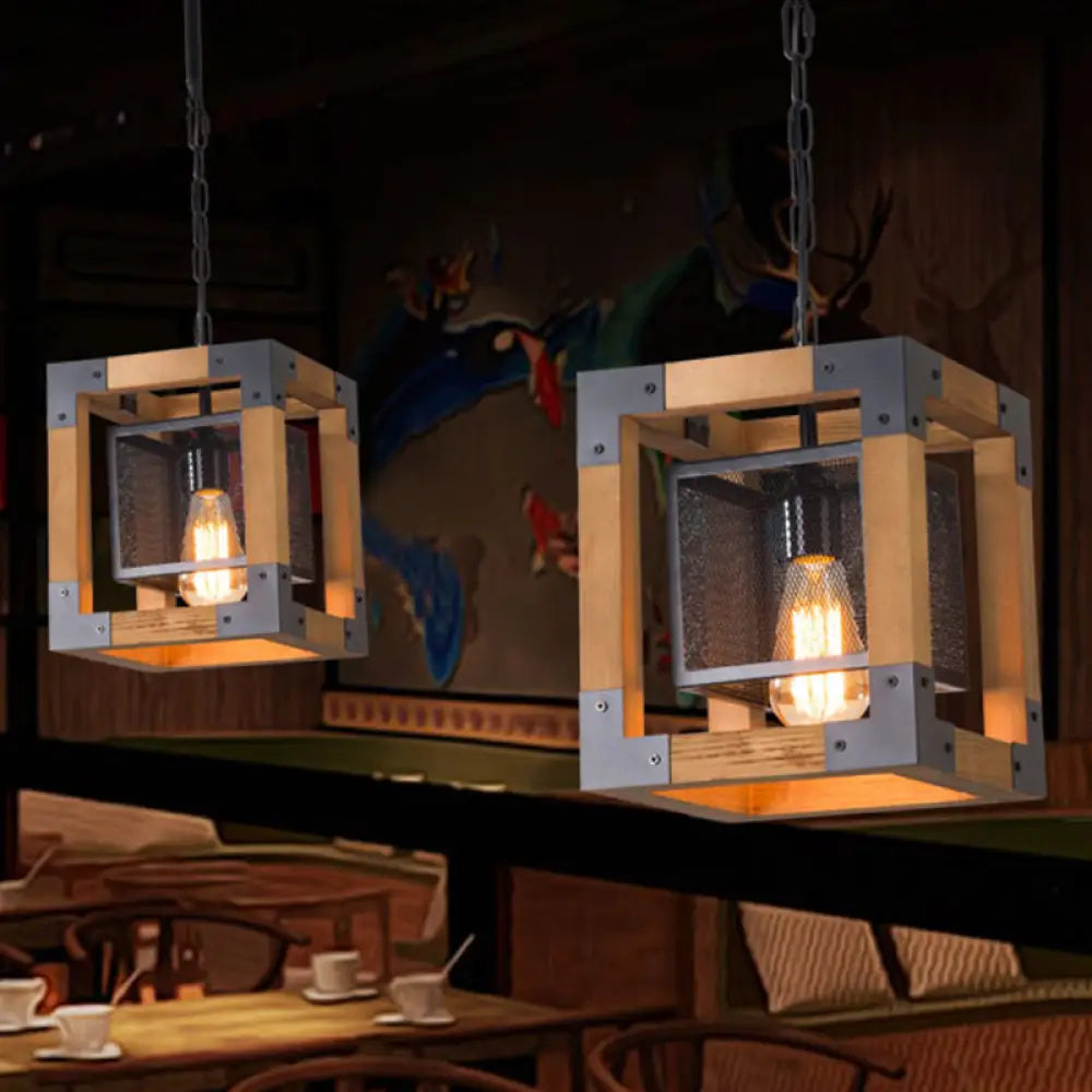 Wooden Cube Pendant Lamp - Industrial Hanging Light For Restaurants 1-Light Fixture Wood