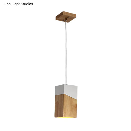 Modern Wood Cuboid Pendant Light - Beige & White Suspension Lamp For Bedside