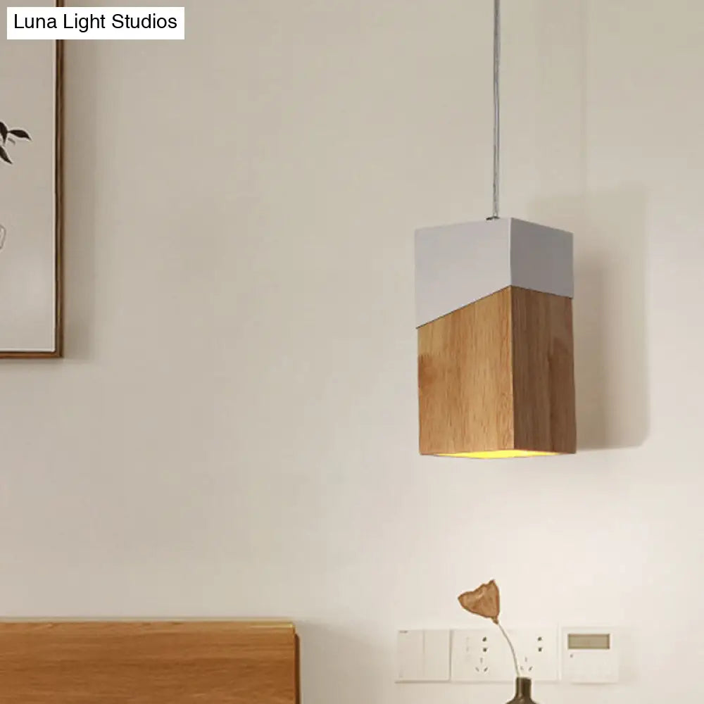 Modern Wood Cuboid Pendant Light - Beige & White Suspension Lamp For Bedside