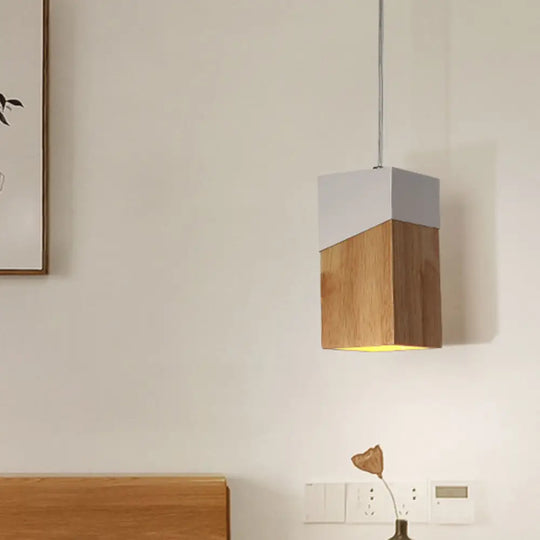 Wooden Cuboid Pendant Light - Modern Beige And White Suspension Lamp For Bedside Wood