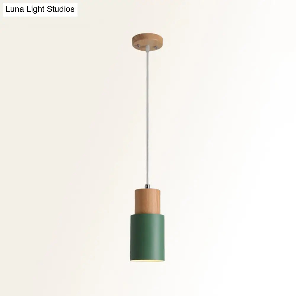 Wooden Cylinder Pendant Ceiling Light With Metal Shade And Down Lighting