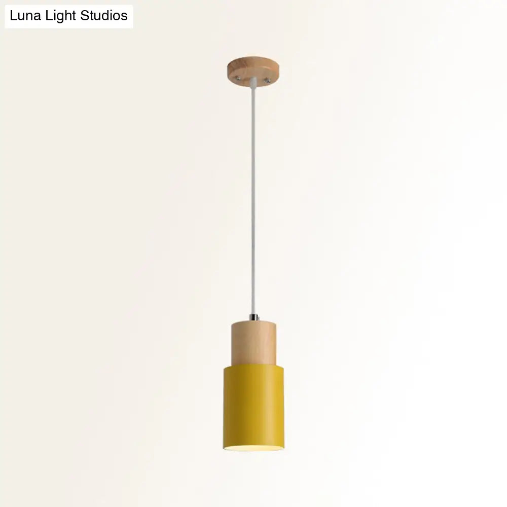 Minimalist Cylinder Wood Pendant Light With Metal Shade - Down Lighting Yellow