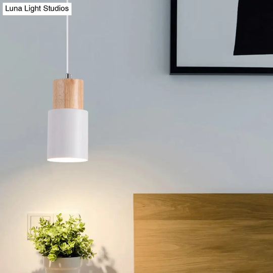 Minimalist Cylinder Wood Pendant Light With Metal Shade - Down Lighting White