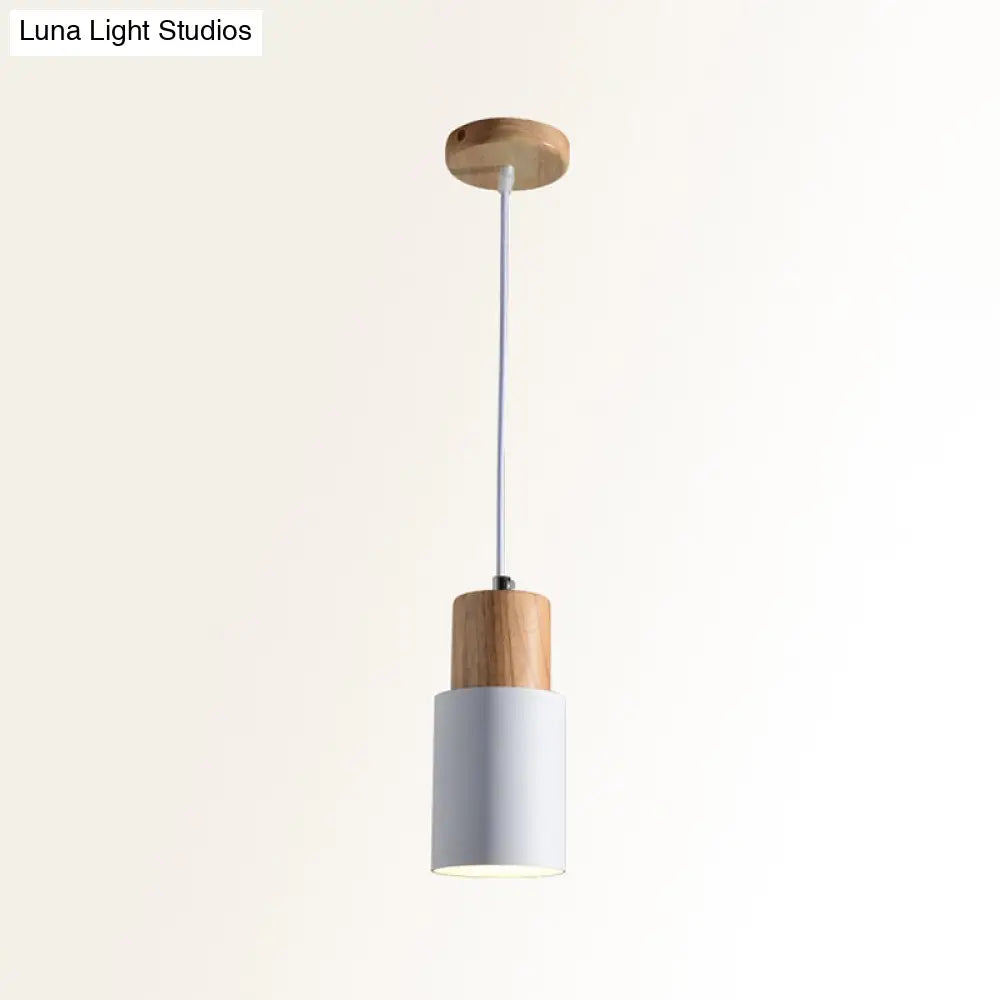 Wooden Cylinder Pendant Ceiling Light With Metal Shade And Down Lighting