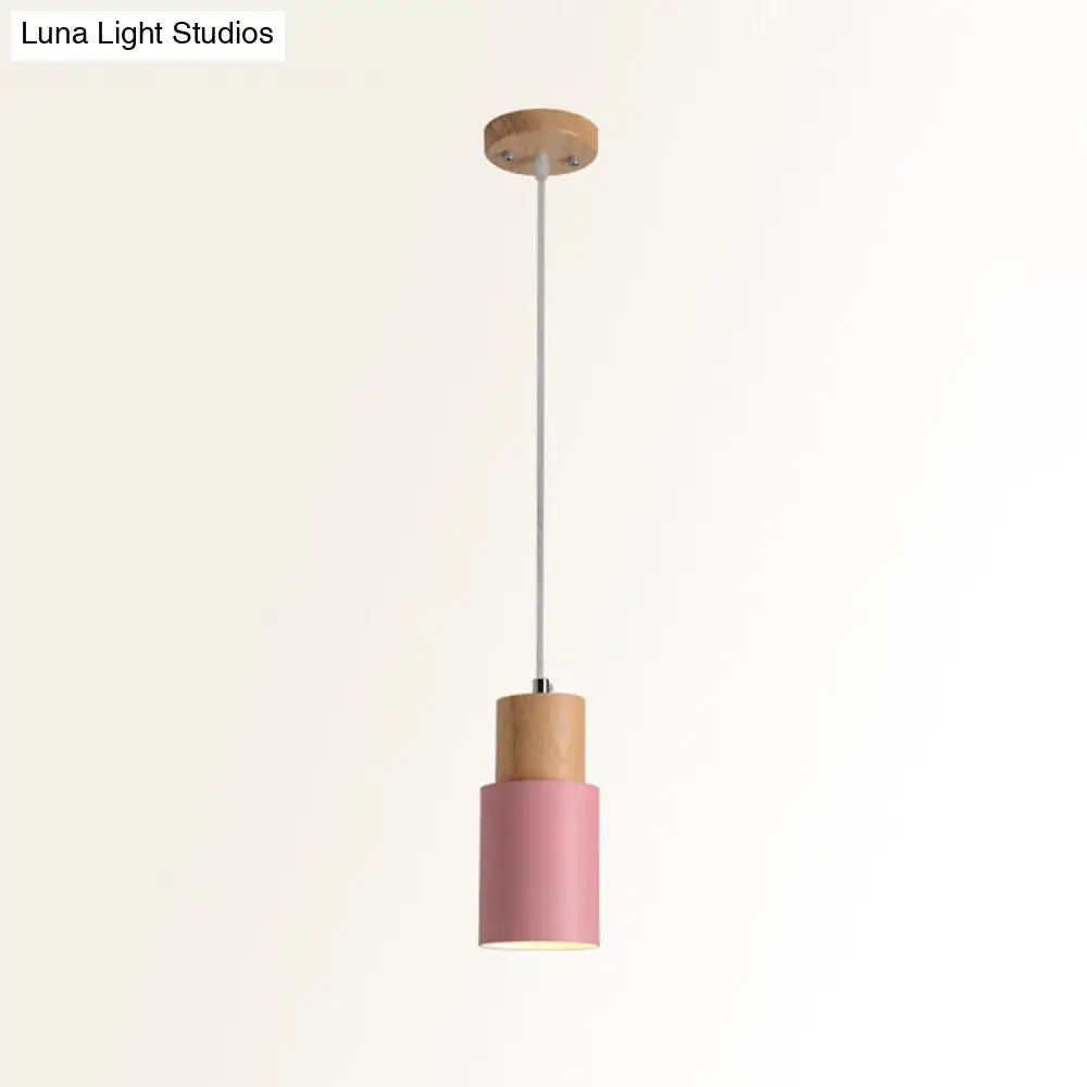 Minimalist Cylinder Wood Pendant Light With Metal Shade - Down Lighting Pink