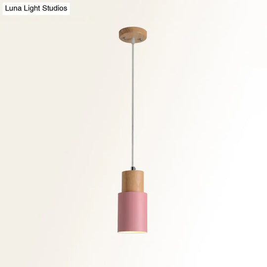 Minimalist Cylinder Wood Pendant Light With Metal Shade - Down Lighting Pink