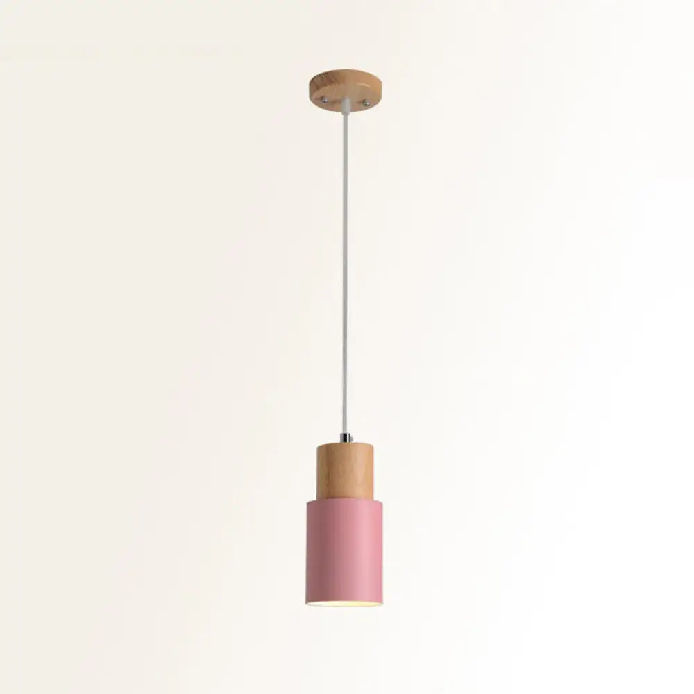 Wooden Cylinder Pendant Ceiling Light With Metal Shade And Down Lighting Pink