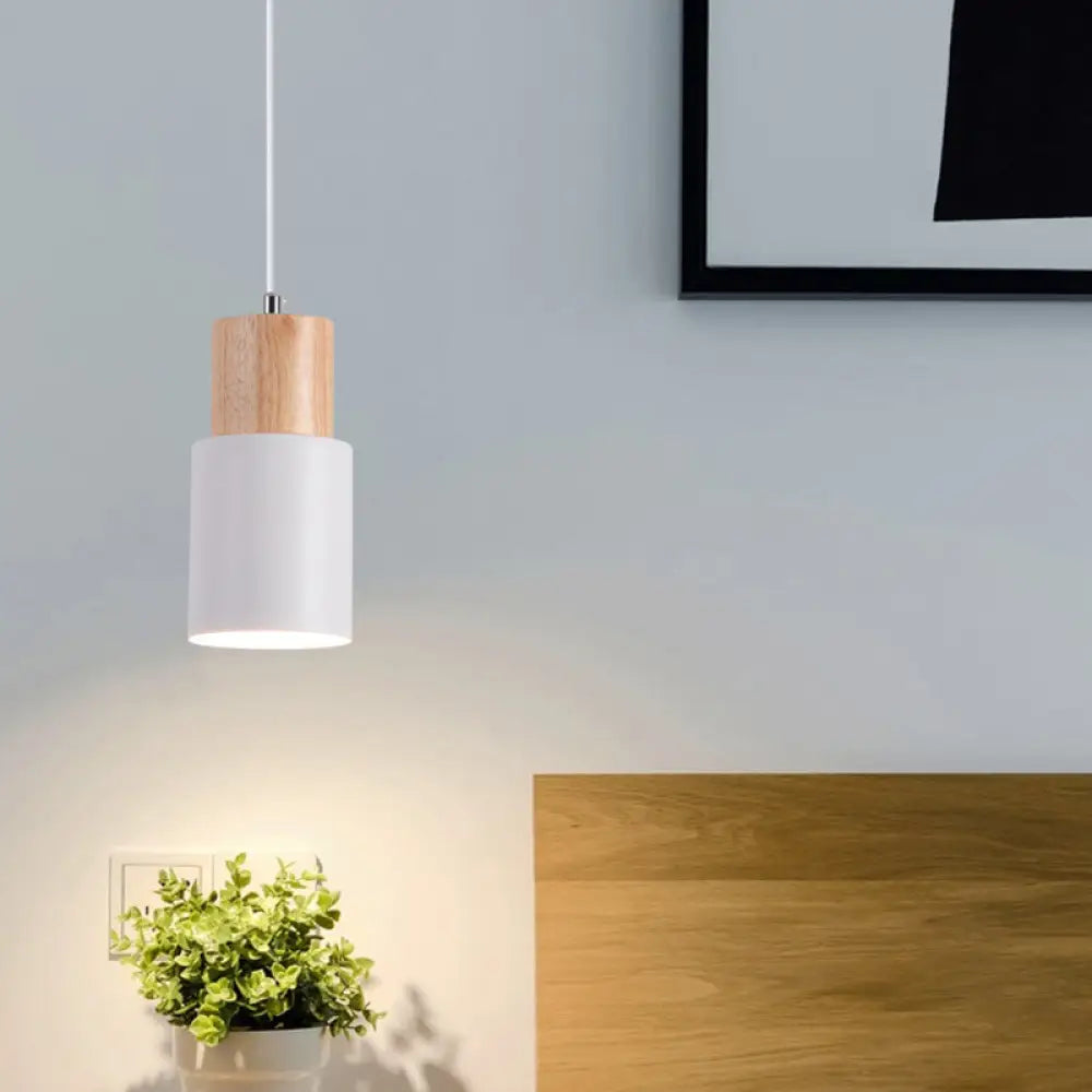 Wooden Cylinder Pendant Ceiling Light With Metal Shade And Down Lighting White