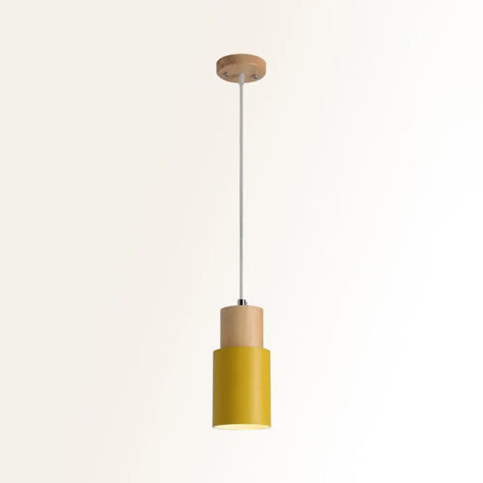 Wooden Cylinder Pendant Ceiling Light With Metal Shade And Down Lighting Yellow