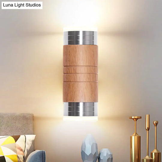 Wooden Cylinder Wall Sconce Light With Chrome Led Bulb For Asian-Inspired Living Rooms