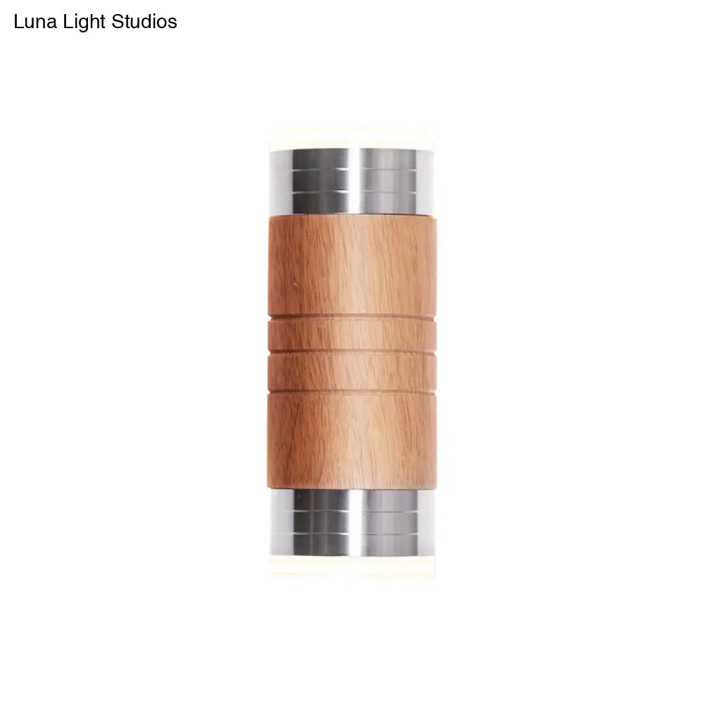 Wooden Cylinder Wall Sconce Light With Chrome Led Bulb For Asian-Inspired Living Rooms