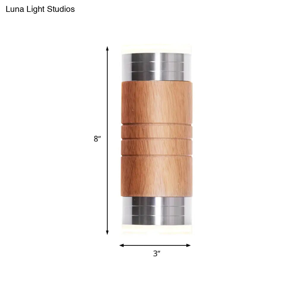 Wooden Cylinder Wall Sconce Light With Chrome Led Bulb For Asian-Inspired Living Rooms