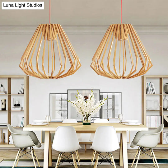 Wooden Diamond Cage Pendant Light - Single Head Fixture In Beige