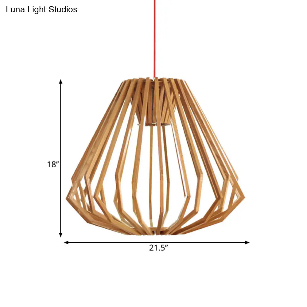 Wooden Diamond Cage Pendant Light - Single Head Fixture In Beige