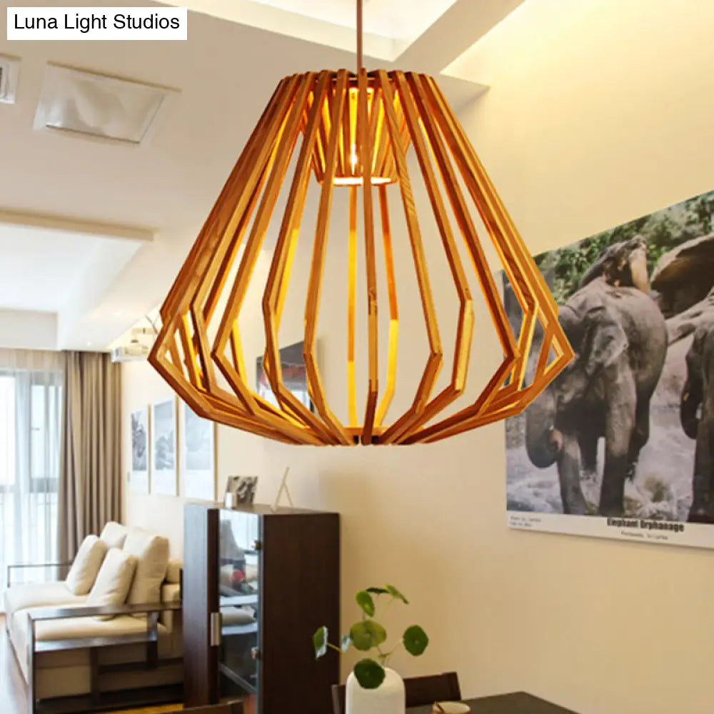 Wooden Diamond Cage Pendant Light - Single Head Fixture In Beige