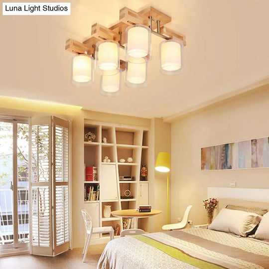 Wooden Double-Layer Glass Flush Mount Chandelier For Living Room Ceiling - Simplicity In Design 6 /