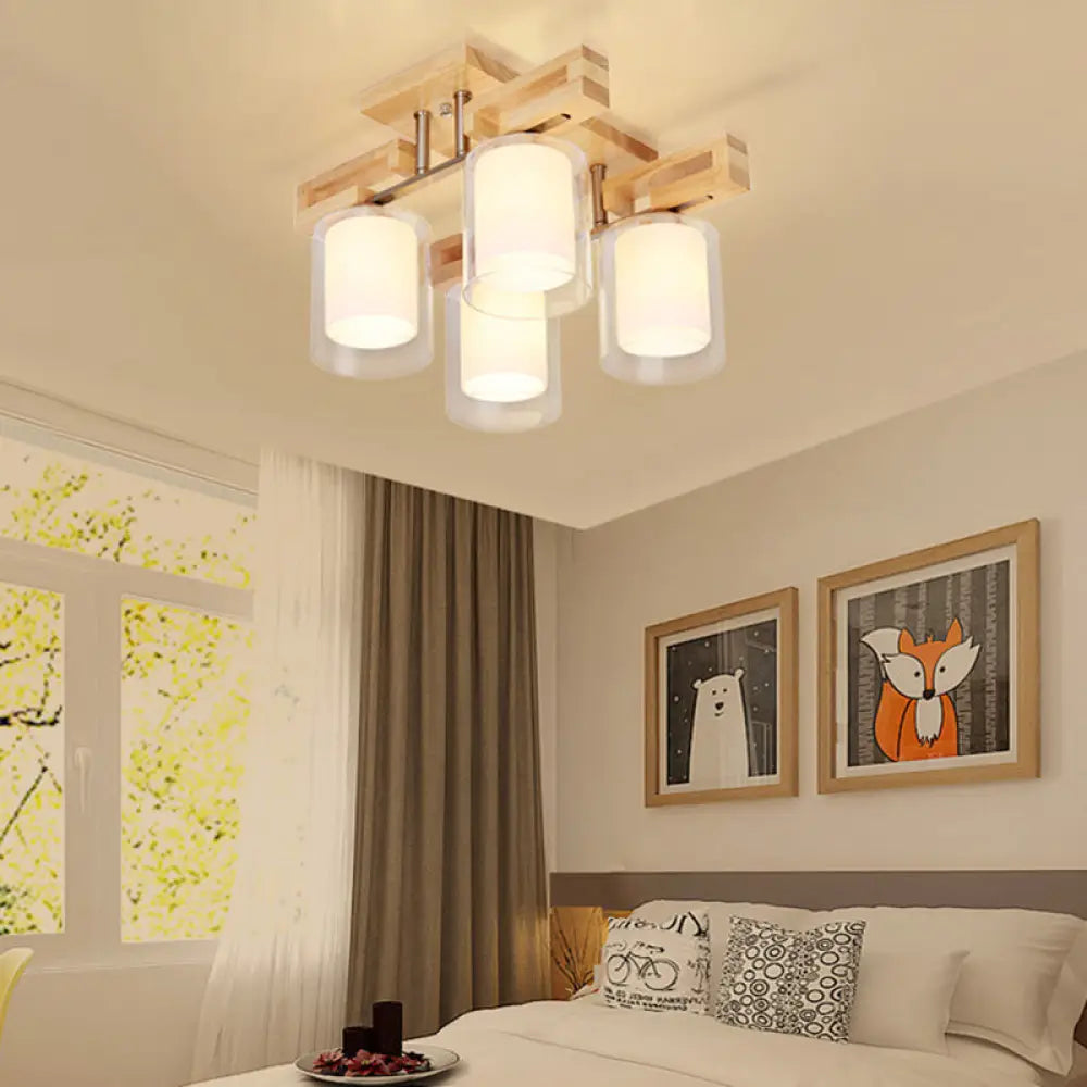 Wooden Double - Layer Glass Flush Mount Chandelier For Living Room Ceiling - Simplicity In Design 4