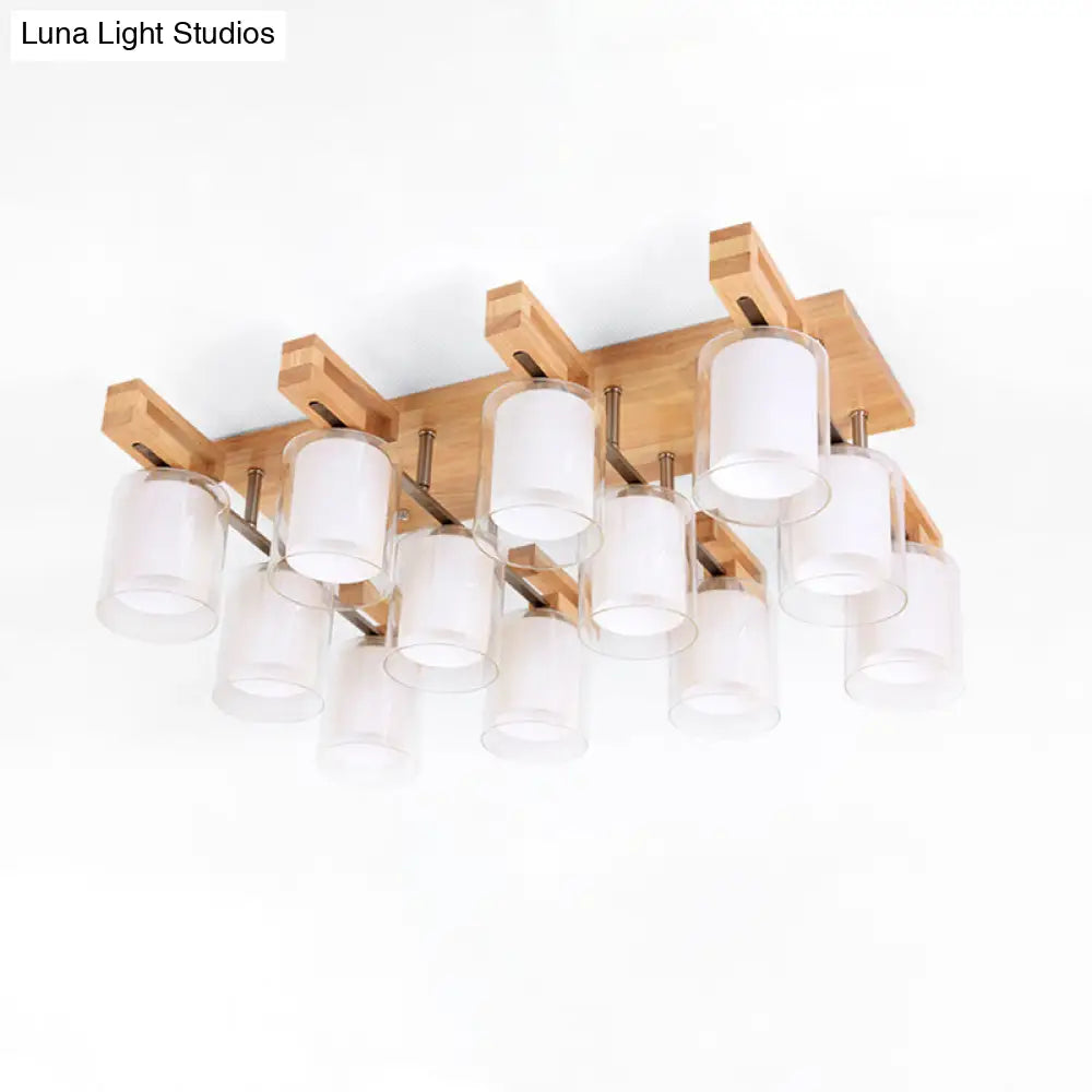 Wooden Double-Layer Glass Flush Mount Chandelier For Living Room Ceiling - Simplicity In Design