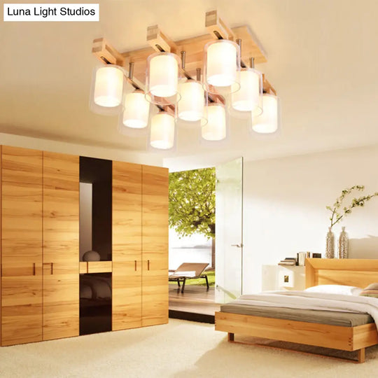 Wooden Double-Layer Glass Flush Mount Chandelier For Living Room Ceiling - Simplicity In Design 9 /