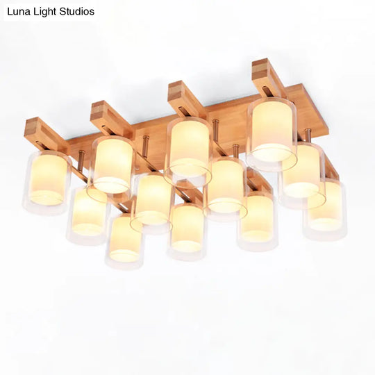 Wooden Double-Layer Glass Flush Mount Chandelier For Living Room Ceiling - Simplicity In Design